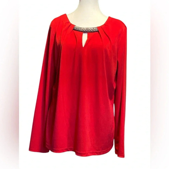 Liz Claiborne Tops - Liz Claiborne festive red top size XL with bejeweled collar​